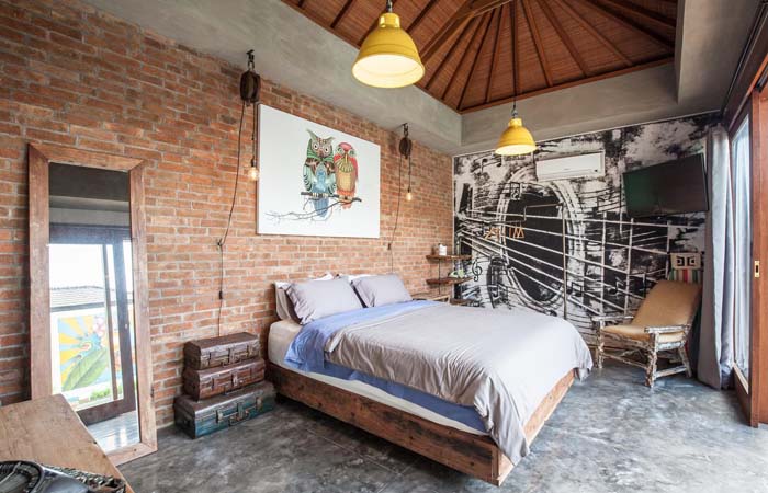 desain kamar tidur industrial minimalis batu bata